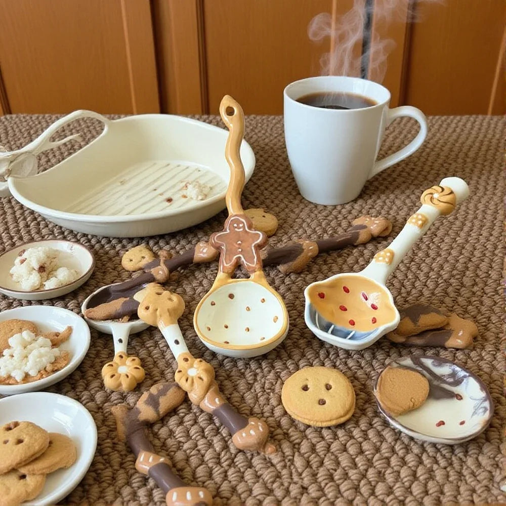 High Aesthetic Ceramic Long Handled Spoon Cute Baking Bread and Biscuit Design Household Rice Spoon Soup Spoon Underglaze Color Peaceful Pleasures Health and Wellness