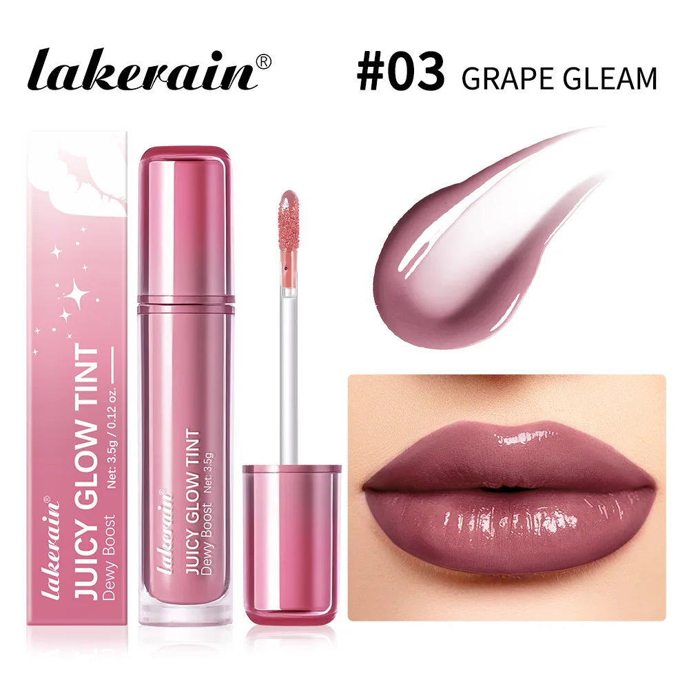 Lakerain Juicy Glow Tint Long-Lasting Mirror Shine Smooth Radiant Lip Tint Deep Moisturizing Brightening Juicy Glow Lipstick Peaceful Pleasures Health and Wellness Grape Gleam
