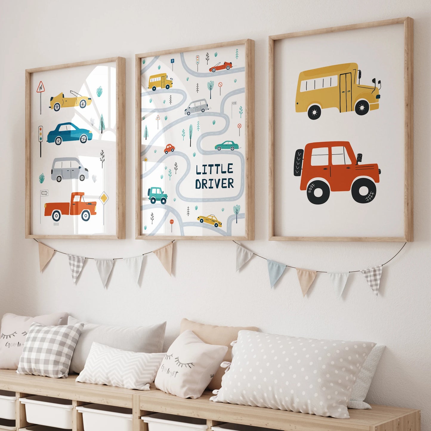 Cartoon Trucks & Cars Canvas Wall Art | Kids Room Decor