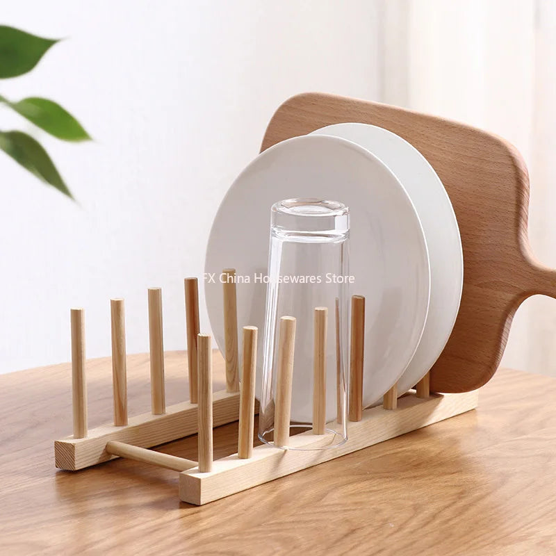 Plate Storage Rack Multifunctional Wooden Dish Rack for Cup Dish Pot Lid Drain Holder Kitchen Organizer Shelf Storage Containe Peaceful Pleasures Health and Wellness