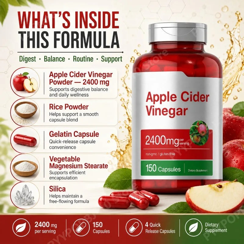 Apple Cider Vinegar Capsules 2400mg Per Serving Daily Wellness Support Non GMO Gluten Free 150 Capsules Peaceful Pleasures Health and Wellness