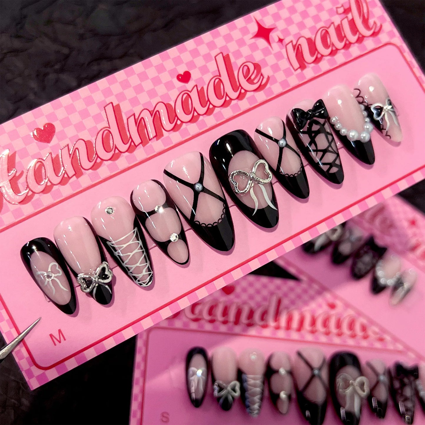 Handmade Press on Nails French 3D Black Bow False Nails Full Cover Wearable Spice Girls Sweet Cool Almond Shape Fake Nail Tips Peaceful Pleasures Health and Wellness