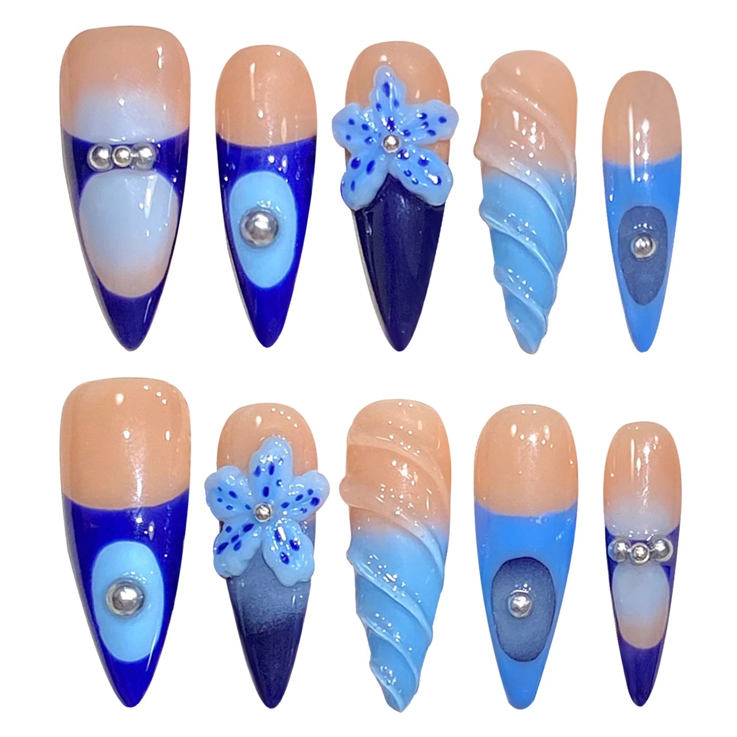 Handmade Press on Nails Long Pointed Sea Blue Starfish Decor False Nails 3D Pearls Decor French Fake Nails for Women and Girl Peaceful Pleasures Health and Wellness M