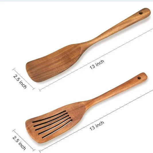 2-Piece Japanese-Style Wooden Spatula & Slotted Shovel Set – Natural Wood Cooking Utensils for Non-Stick Cookware