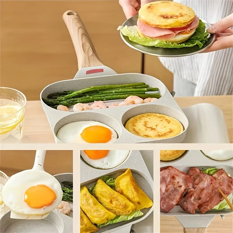 Maifanshi Non-Stick Aluminum Frying Pan - 4-Compartment, Multi-Use for Breakfast, Easy Clean, Ergonomic Wooden Handle, 1pc Peaceful Pleasures Health and Wellness