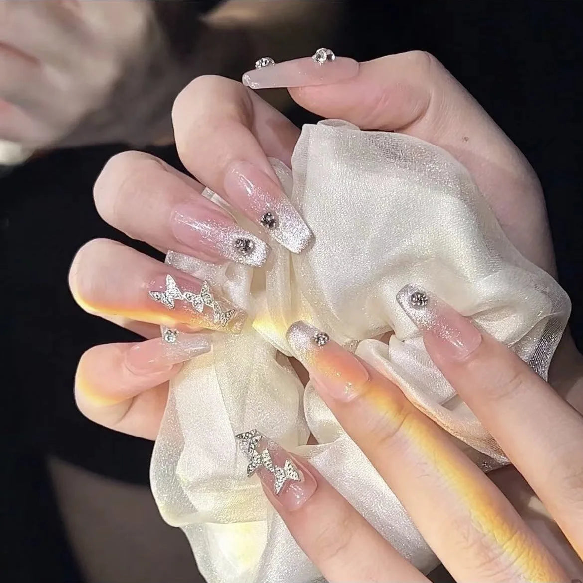 Handmade Press on Nails 3D Crystal Design French Fake Nails Women Girl Wearable Shiny Rhinestone Cat Eye Almond False Nails Peaceful Pleasures Health and Wellness