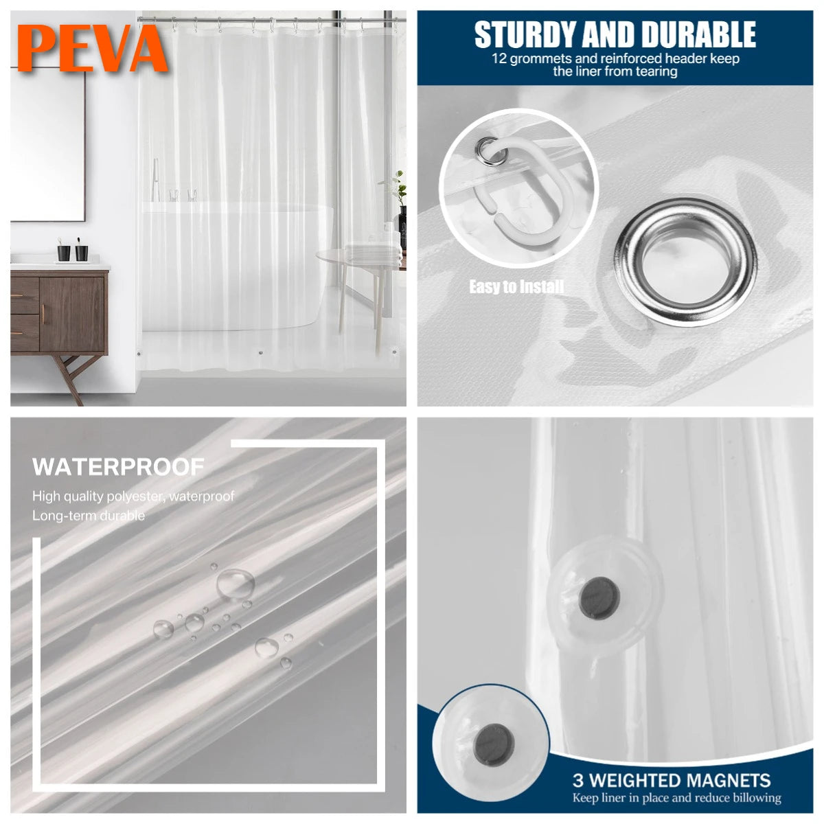 Shower Curtain with 12pc Hooks 180/200CM Bath Curtain Liners Rust-Proof Grommets Anti-Mould Waterproof Bathroom Curtains Peaceful Pleasures Health and Wellness