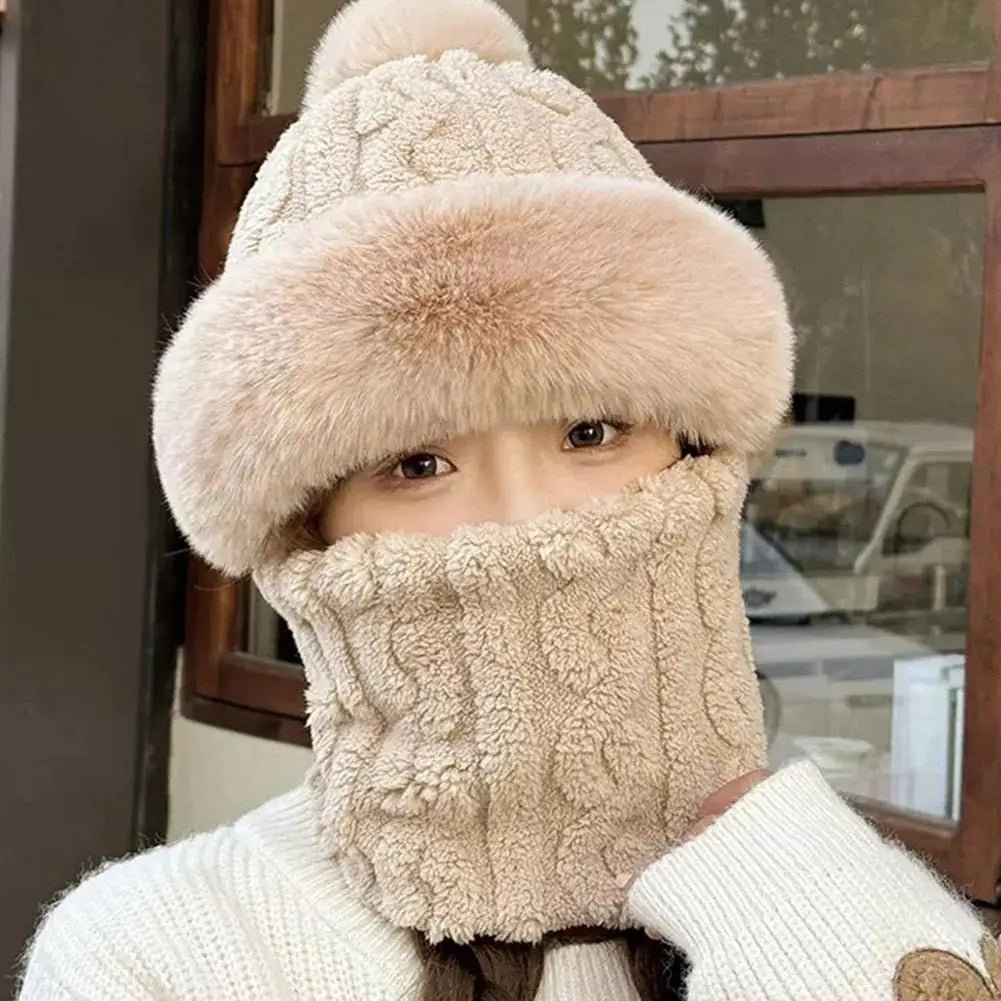 Women's Hooded Plush Winter Beanie – Windproof Fleece Cycling Hat