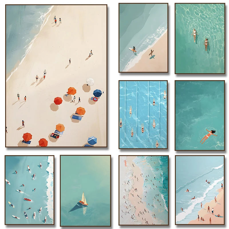 Beach Sea Ocean Boat Wall Art Prints Nordic Poster Canvas Painting Picture for Living Room Decor Summer Girl Swimming Pool Party Peaceful Pleasures Health and Wellness