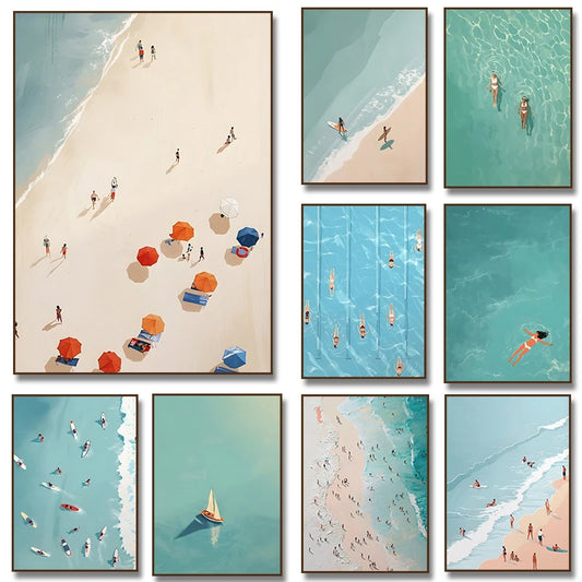 Beach Sea Ocean Boat Wall Art Prints Nordic Poster Canvas Painting Picture for Living Room Decor Summer Girl Swimming Pool Party Peaceful Pleasures Health and Wellness