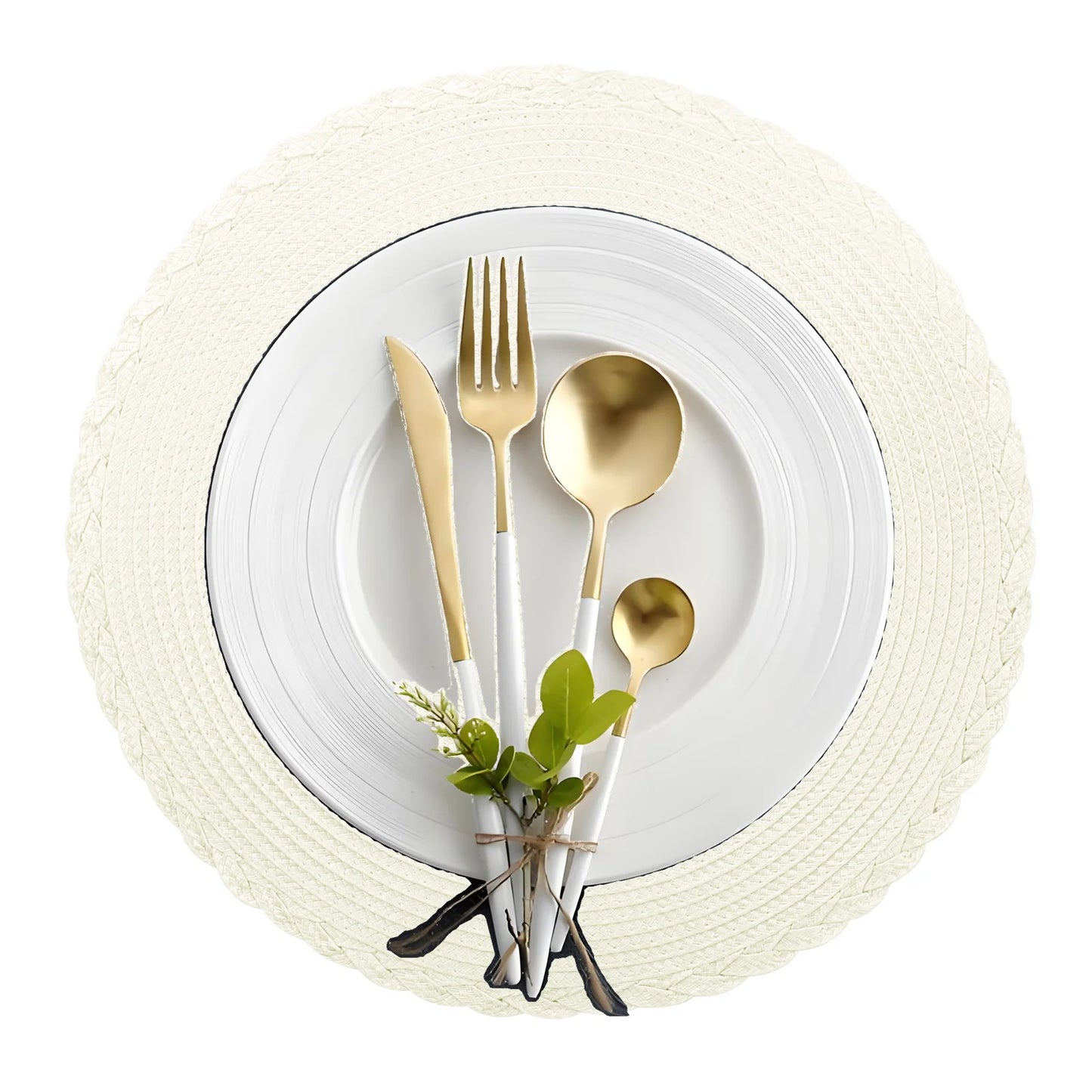 6Pc Round Braided Table Mat with 6Pc Cup Coasters Heat Resistant Washable Non Slip Placemats for Kitchen Dining Tables Pads Peaceful Pleasures Health and Wellness B Beige 33.5CM and 10CM
