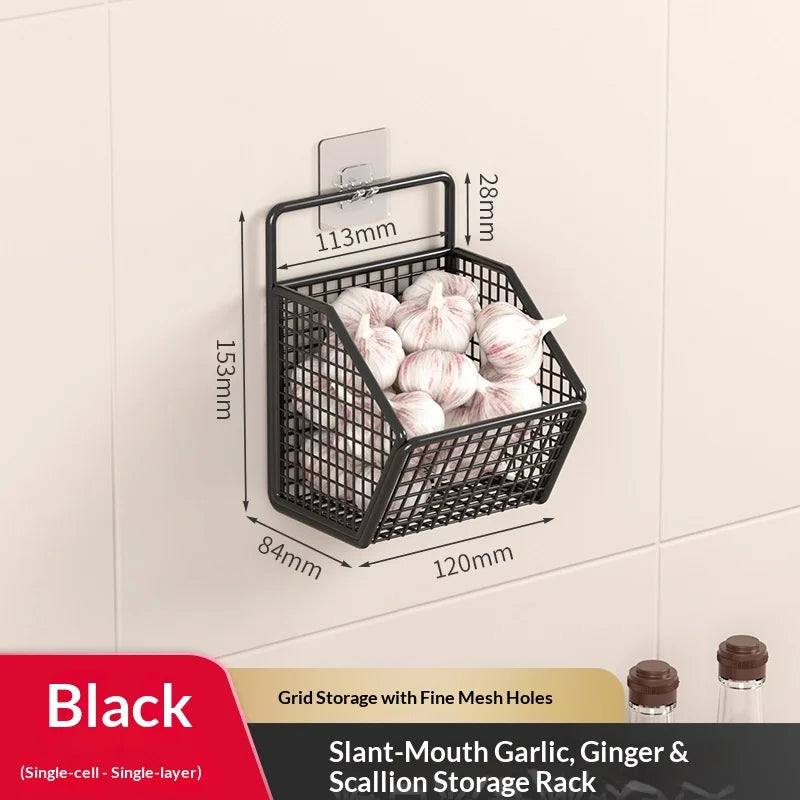Space Saving No Drill Wall Mounted Organizer for Ginger Garlic Onion Storage Ideal for Kitchen Small Apartment Cooking Use Peaceful Pleasures Health and Wellness 1 Grid Black