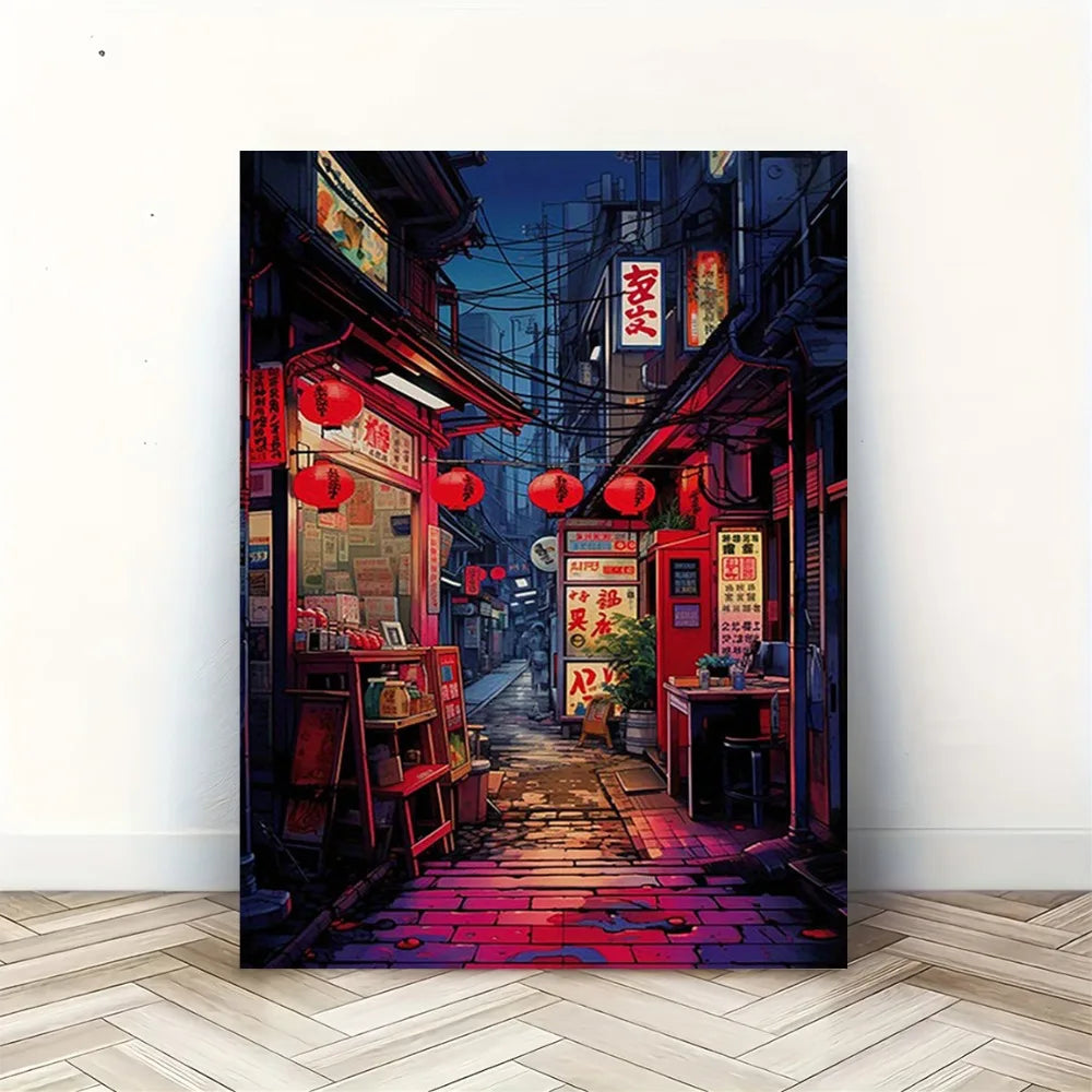 1 Frameless Japanese Style Night View Poster of Urban Alleys, Tokyo Street Art Prints, Perfect Creative Canvas Wall Art Painting Peaceful Pleasures Health and Wellness