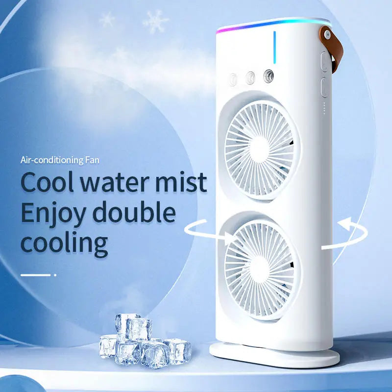 Portable water mist fan, summer mini evaporative air cooler, household double-head water-cooled fan with LED lights Peaceful Pleasures Health and Wellness