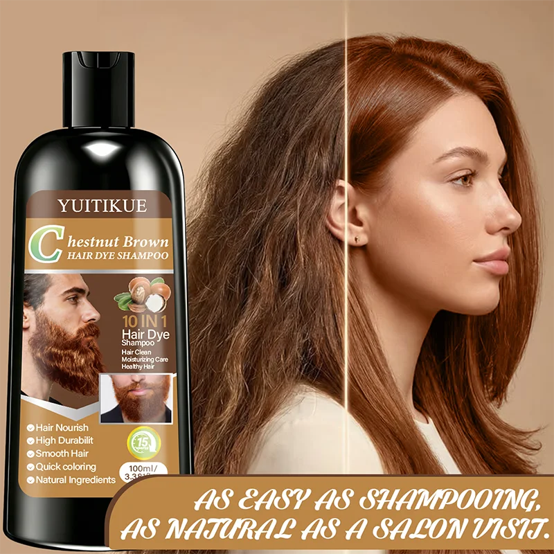 YUITIKUE Chestnut Brown Hair Dye Shampoo 100ml 10-in-1 Natural Ingredients Quick Coloring Nourishing Hair Care Peaceful Pleasures Health and Wellness