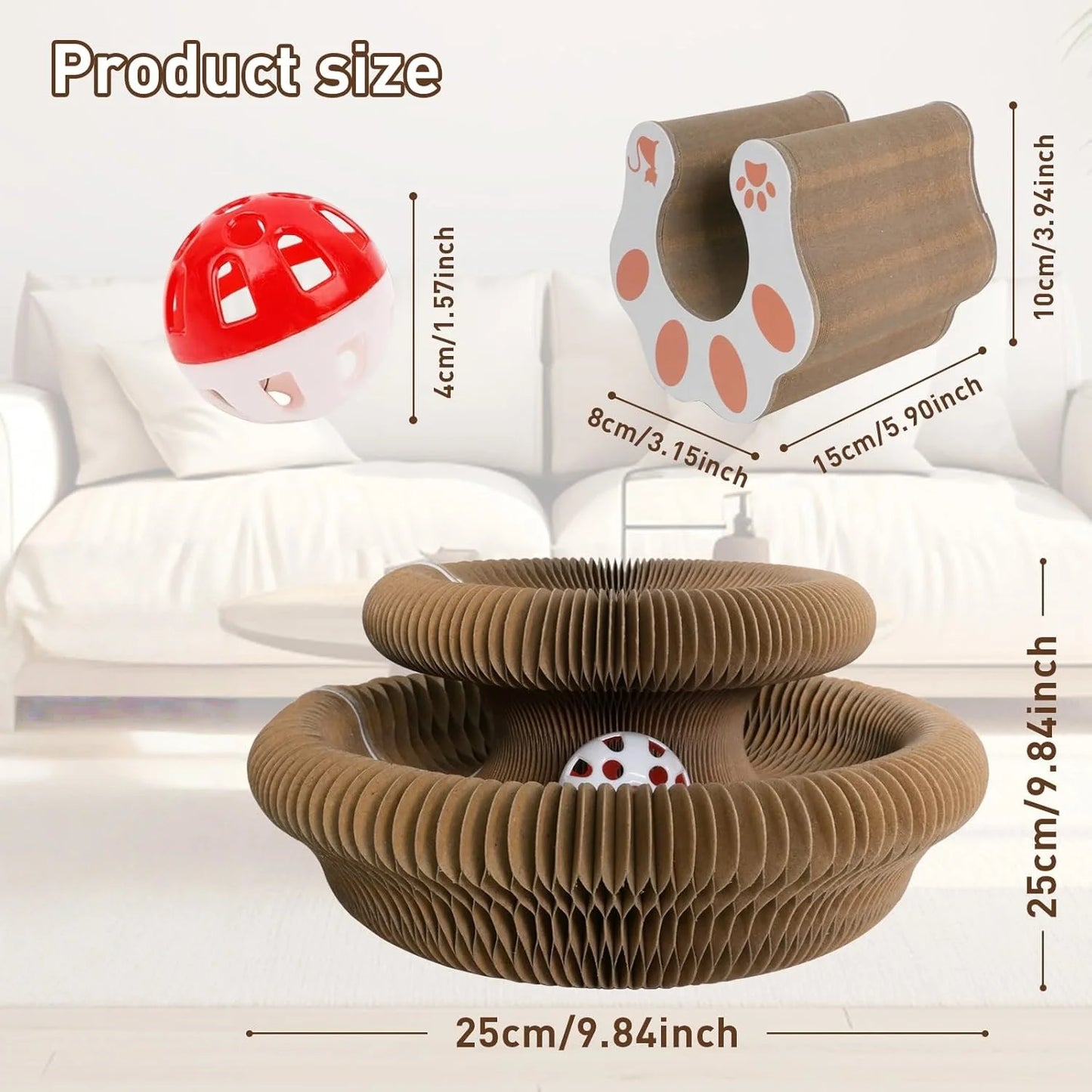 Foldable Accordion Cat Scratcher Board with Ball & Track Toy