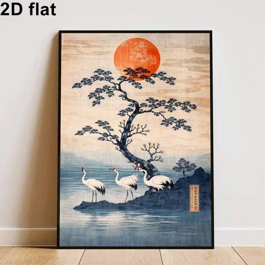 Japanese Crane & Sun Canvas Wall Art Print | Home Decor Canvas Wall Art Peaceful Pleasures Health and Wellness G4272 21x30cm Wood Framed