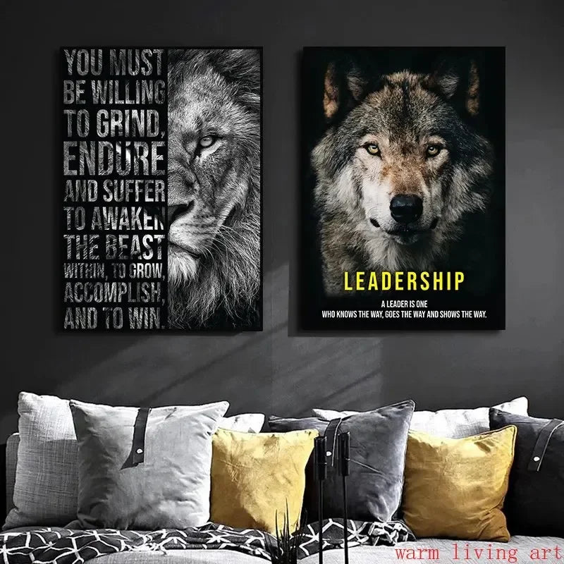 Mindset Is Everything Canvas Wall Art | Lion Wolf Tiger Poster