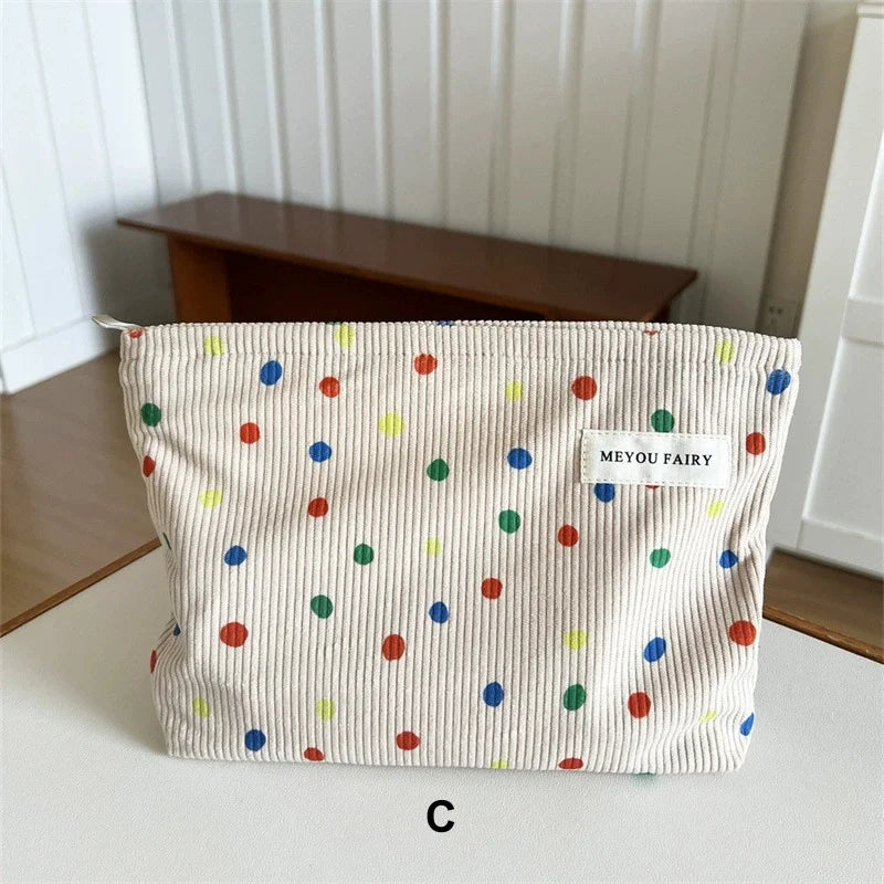 Corduroy Travel Makeup Bag with Bow – Zipper Cosmetic Pouch