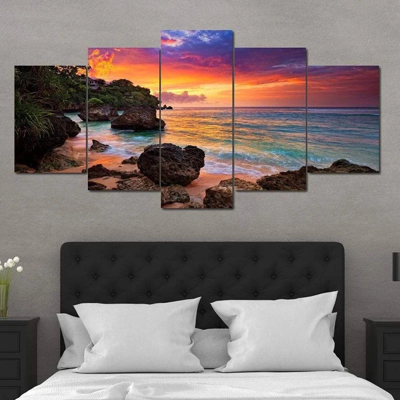 5pcs Cleopatra Ocean Canvas Painting Wall Art Orange Sky Ocean Beach Multi Turkey Sand Beach Sunrise Wall Decor No Frame Peaceful Pleasures Health and Wellness 5pcs 8 30x40-30x60-30x80cm