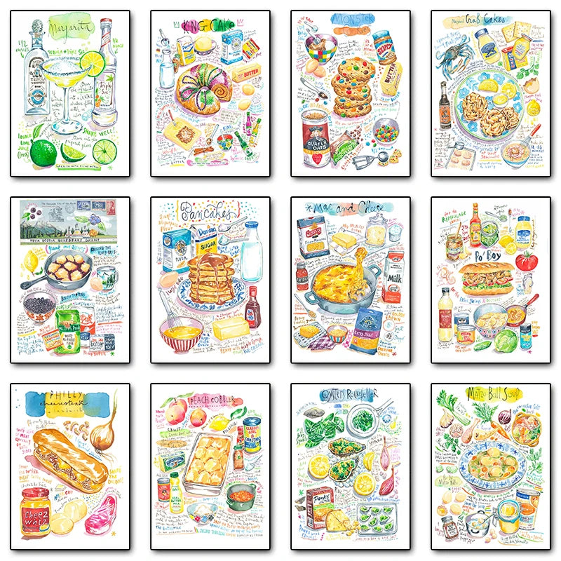 Cheese Cookie Pancake Recipe Illustration Watercolor Food Posters Canvas Printing Wall Art Picture for Kitchen Home Decor Gifts Peaceful Pleasures Health and Wellness
