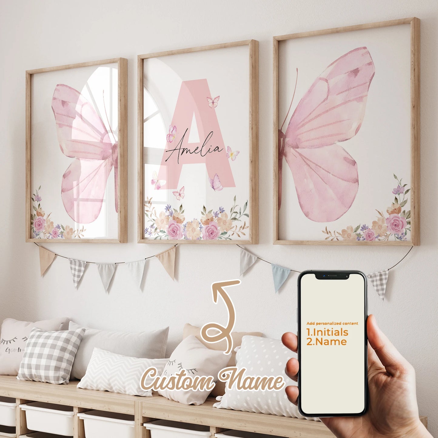 3-Piece Personalized Pink Butterfly Canvas Wall Art | Kids Decor