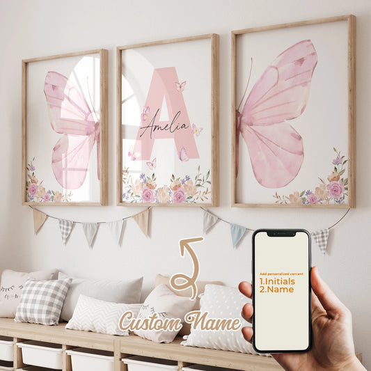 3-Piece Personalized Pink Butterfly Canvas Wall Art | Kids Decor Canvas Wall Art Peaceful Pleasures Health and Wellness GA-CH405-3pcs 30x40cm Unframed