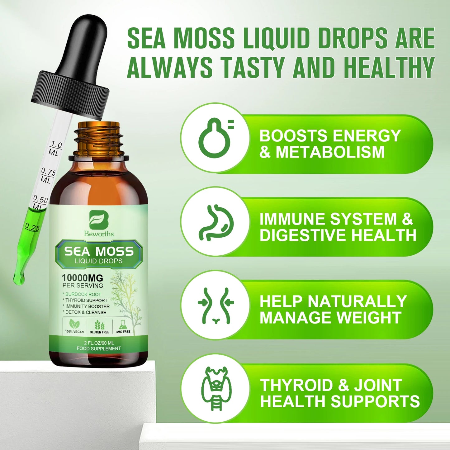 Organic Sea Moss Drops with Burdock Root & Spirulina – Gut & Immunity Herbal Supplement Peaceful Pleasures Health and Wellness