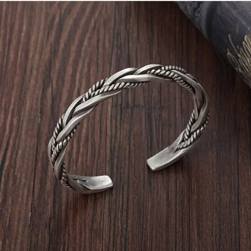 Twisted Woven Silver Bangle | Retro Thai Handmade Bracelet