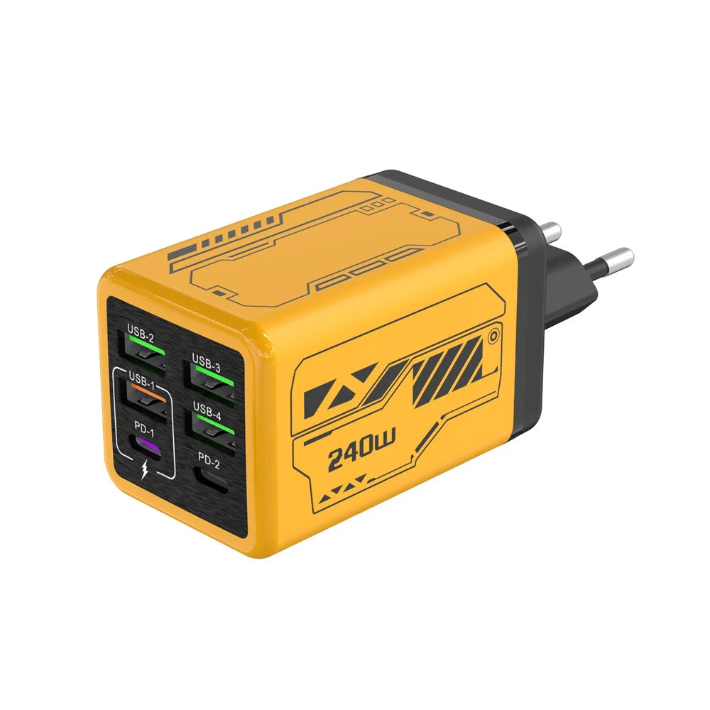 240W Multi Port Fast Charger 4U 2C PD3.0 USB3.0 Super Fast Charging Block with EU/UK/US Plug for iPhone Samsung Laptop Tablet Peaceful Pleasures Health and Wellness yellow EU