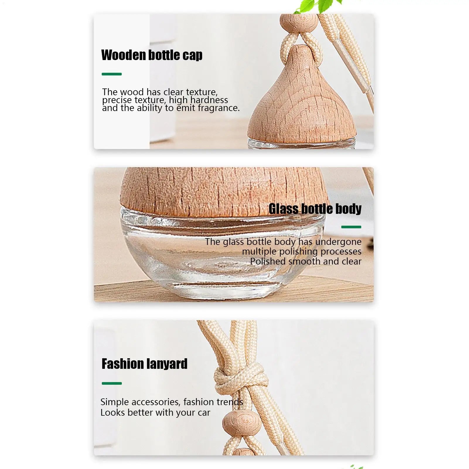 Refillable Glass Car Air Freshener Pendant | Wooden Cap Car Fragrance Pendant Peaceful Pleasures Health and Wellness