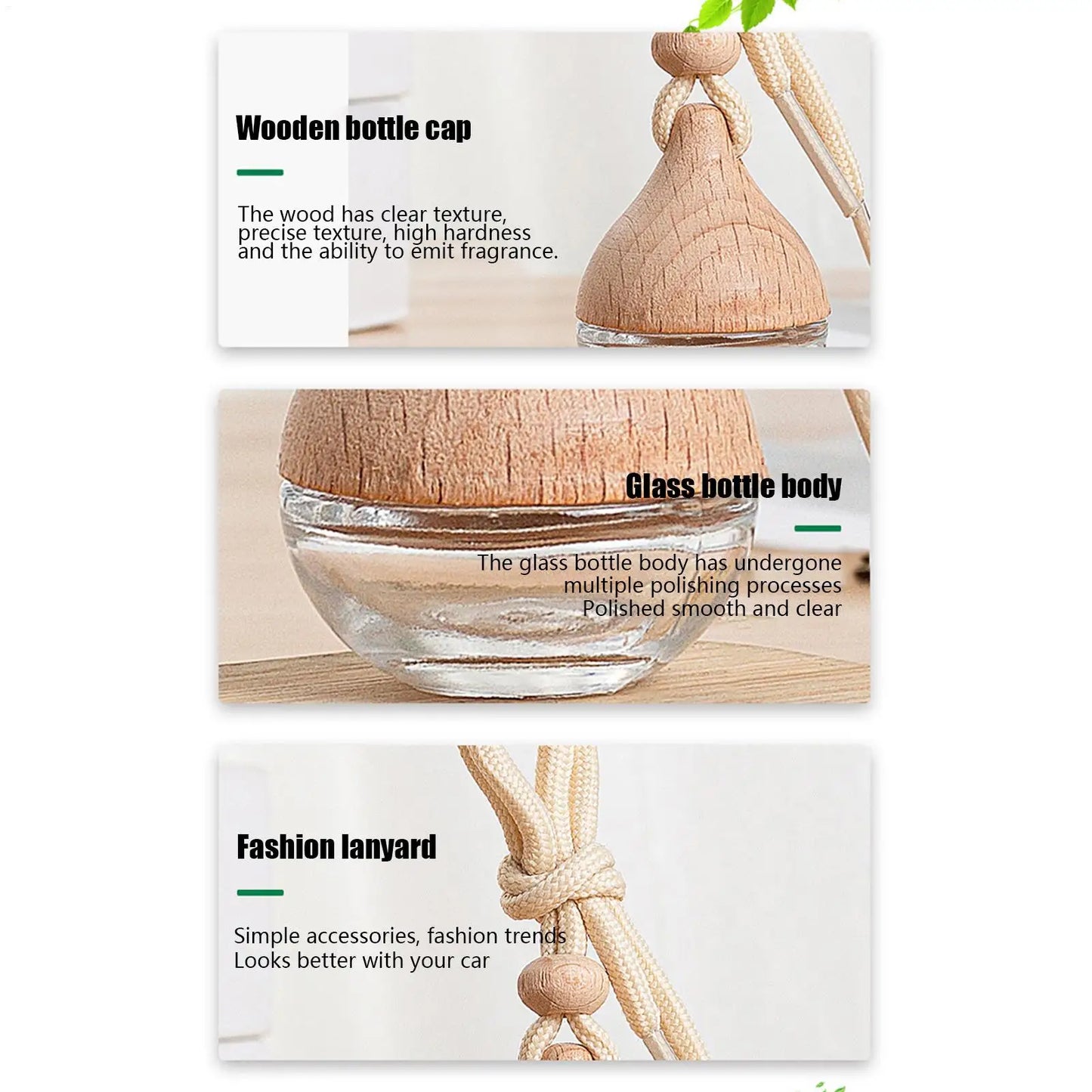 Refillable Glass Car Perfume Pendant Bottle with Wooden Cap