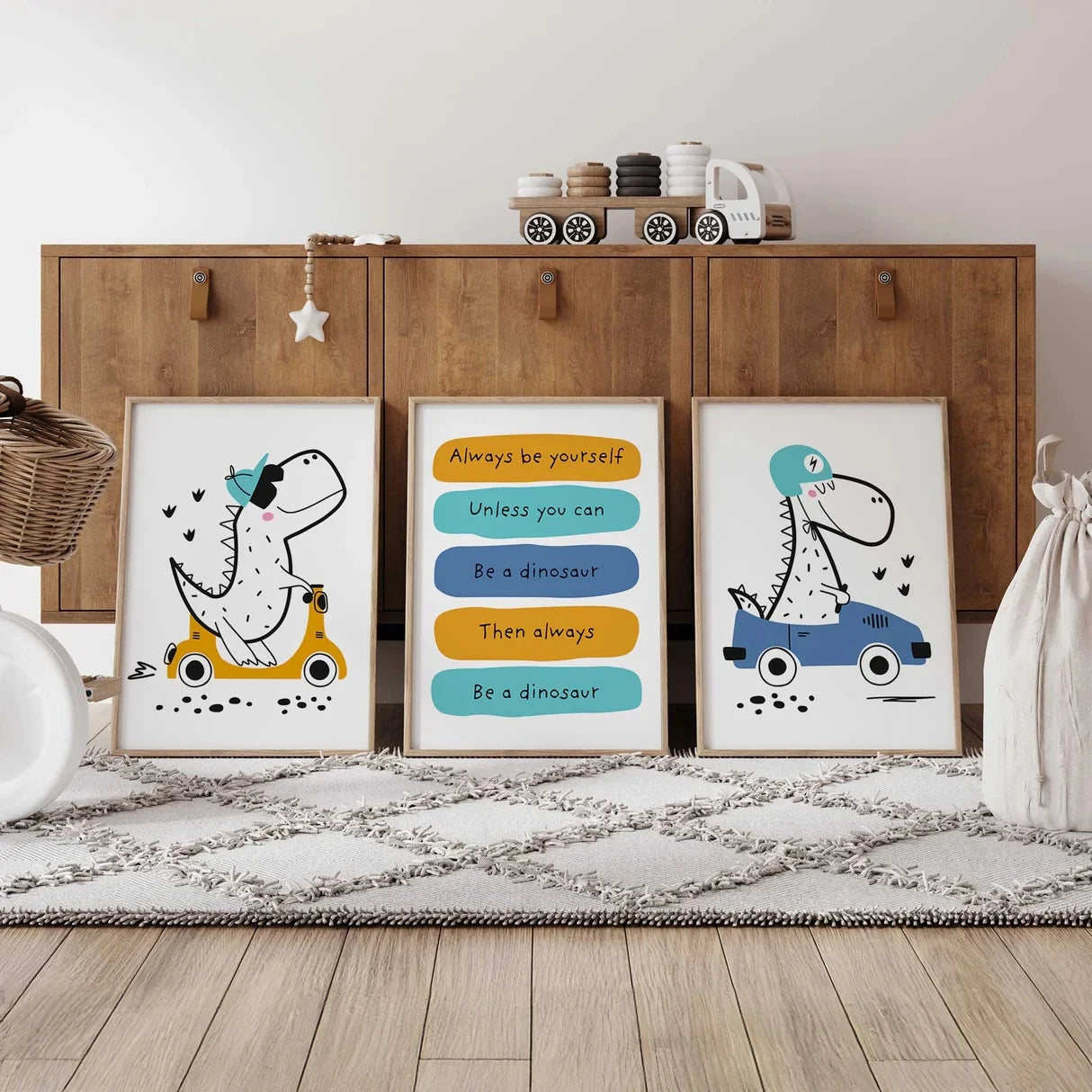3-Piece Cartoon Dinosaur Quote Canvas Wall Art | Kids Room
