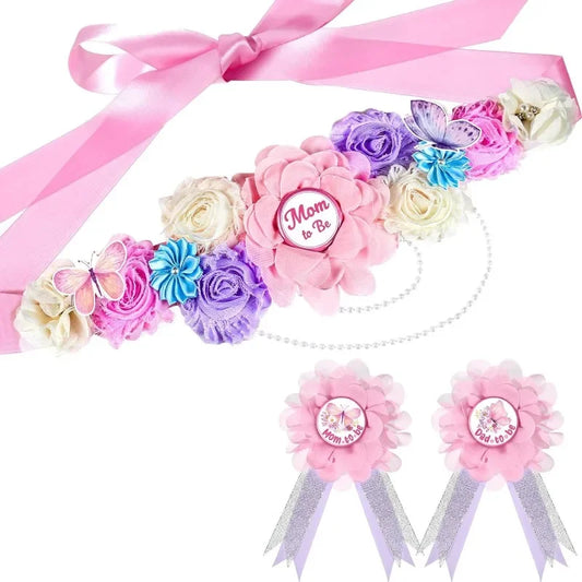Flower Sash Set-Baby Shower Mom to Be Daddy to Be Corsage Pin- Belt for Maternity Dress Photo Props حزام Пояс Cinturón Ceinture Peaceful Pleasures Health and Wellness