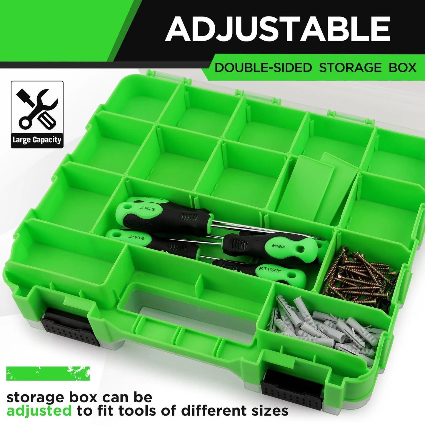 Portable Tool Box Organizer Double-Sided 34-Compartment Drill Bit Storage Bolt and Nut Case with Lid for Hardware Nail Bolt Nut Peaceful Pleasures Health and Wellness