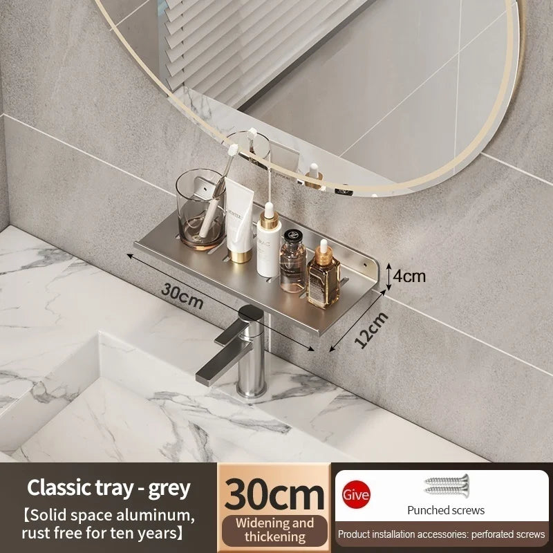 Wall-Mount Aluminum Bathroom Storage Rack & Faucet Tray