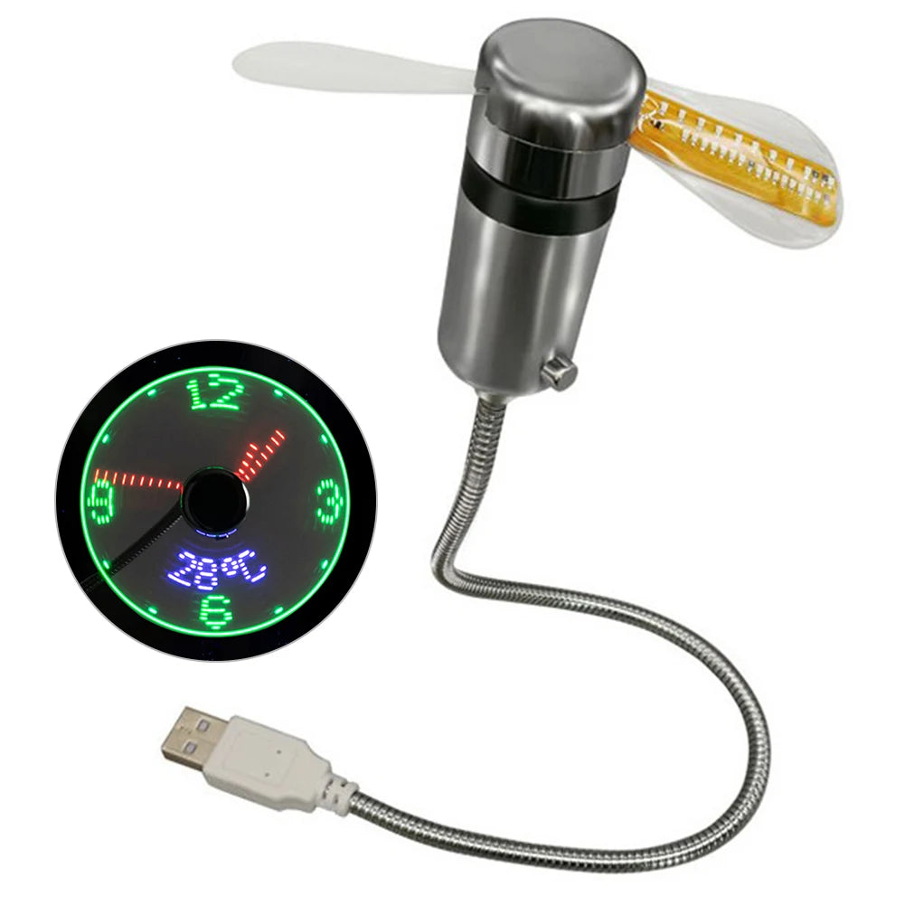 Portable Clock Fan RGB LED Night light 5V USB Hand Fan Real Time Temperature Display Metal Mini Fan for PC Laptop Desktop Cooler Peaceful Pleasures Health and Wellness