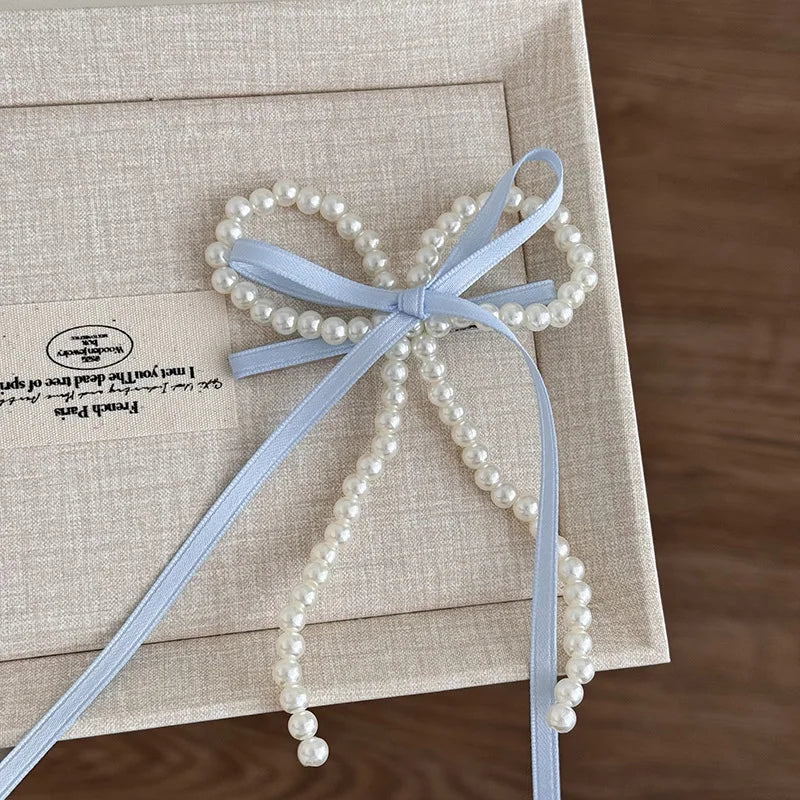 Fairy Ribbon Bow Pearl Hairpin for The Back of The Head New Girlish Heart Side Clip New Simplicity Fresh and Sweet Duckbill Clip Peaceful Pleasures Health and Wellness Blue Size fits all