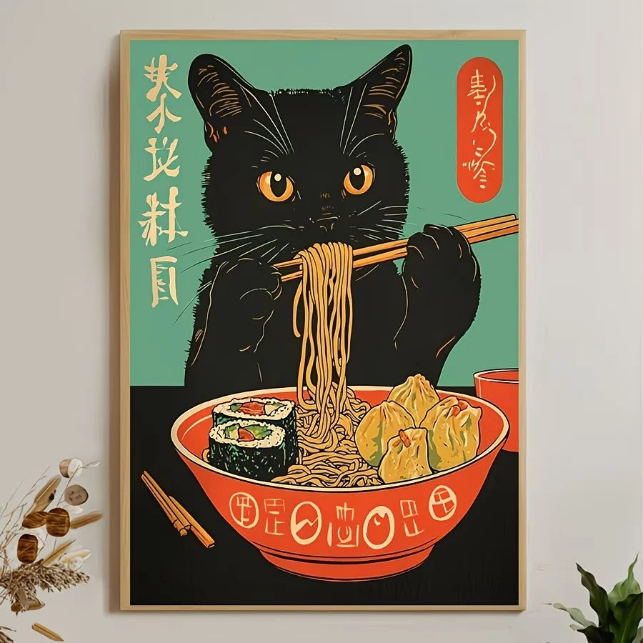Retro Japanese Ramen Cat Canvas Wall Art Print | Home Decor