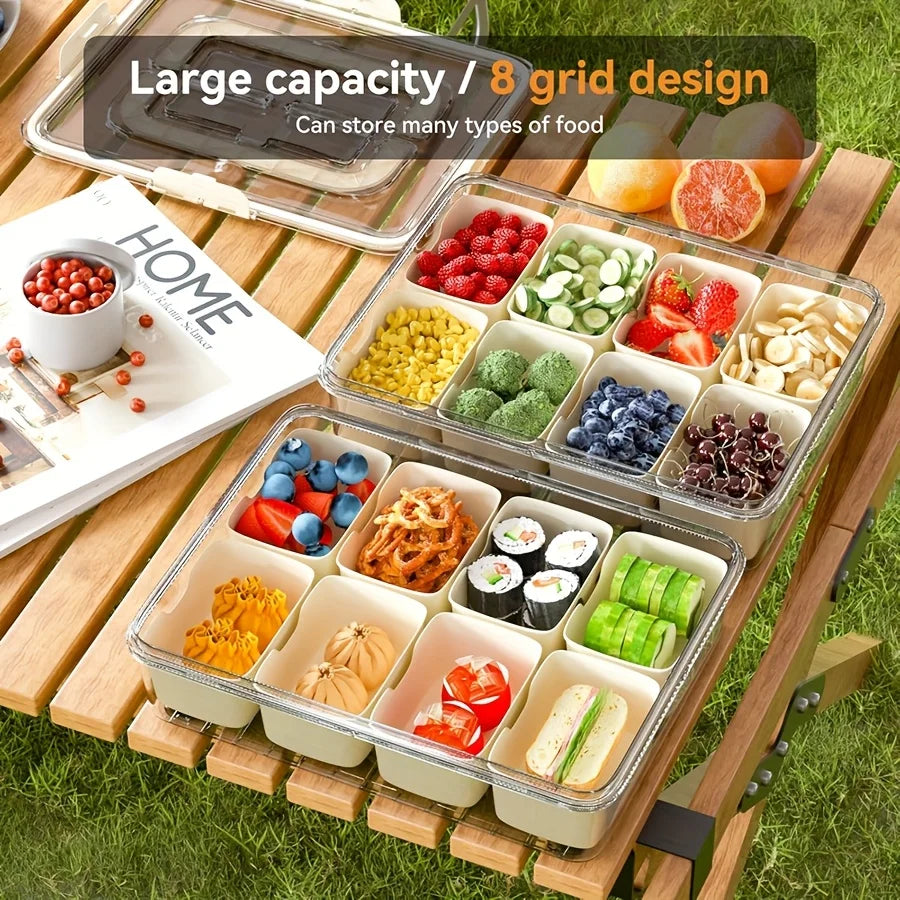 Snackle Box Container with Cutlery Organizer – Divided Serving Tray with Lid, Handle, Fruit Forks & Spoons