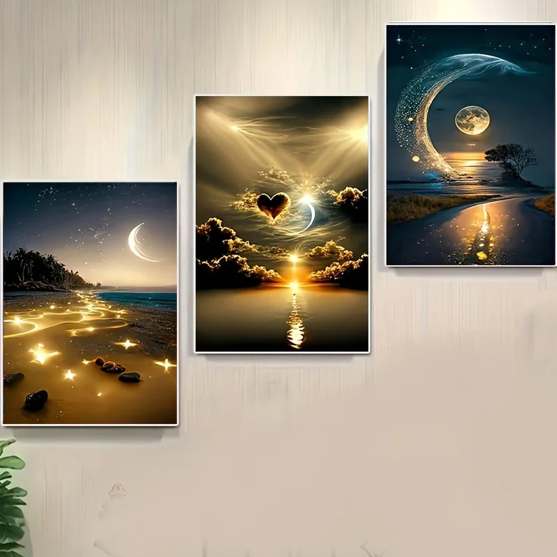 3-Piece Beach Night Canvas Wall Art Set | Frameless Triptych Canvas Wall Art Set Peaceful Pleasures Health and Wellness 30x40cm No Frame ZLH11264-3pcs