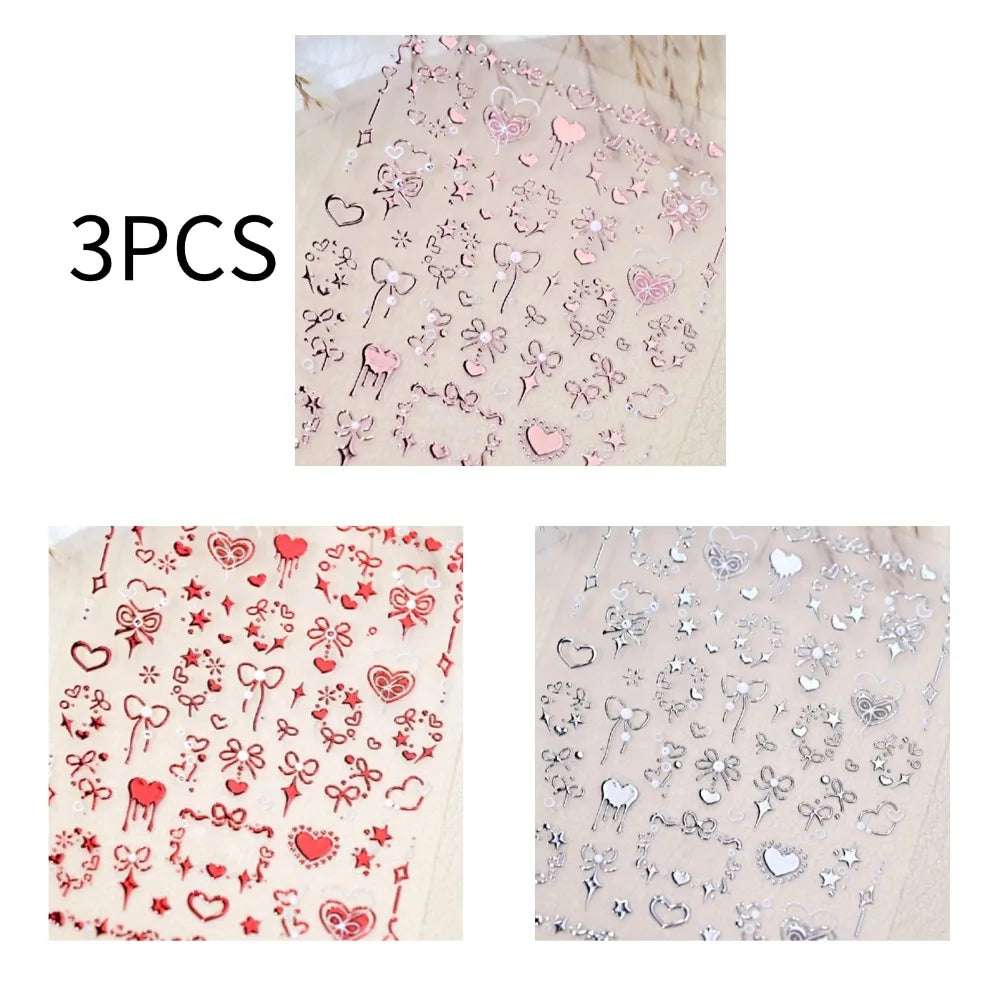 Heart Bow Nail Stickers – Gold Foil Rose Embossed DIY Nail Art