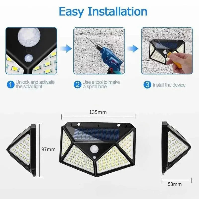 Solar Powered 100 LED Motion Sensor Wall Light, Waterproof Outdoor Security Lamp for Garden, Fence, Yard, Pathway Decoration Peaceful Pleasures Health and Wellness