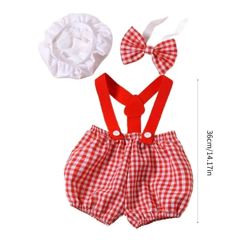 Newborn Photography Outfit 3-Piece Set – Checkered Overall & Hat