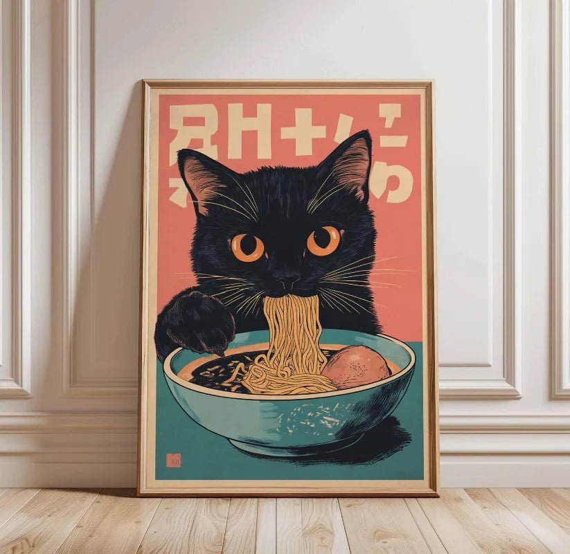 Black Cat Ramen Japanese Food Noodle Ginger Cat Poster Print Wall Art Pictures Canvas Painting Living Room Home Wall Decoration Peaceful Pleasures Health and Wellness TL2886 20x30cm Unframed