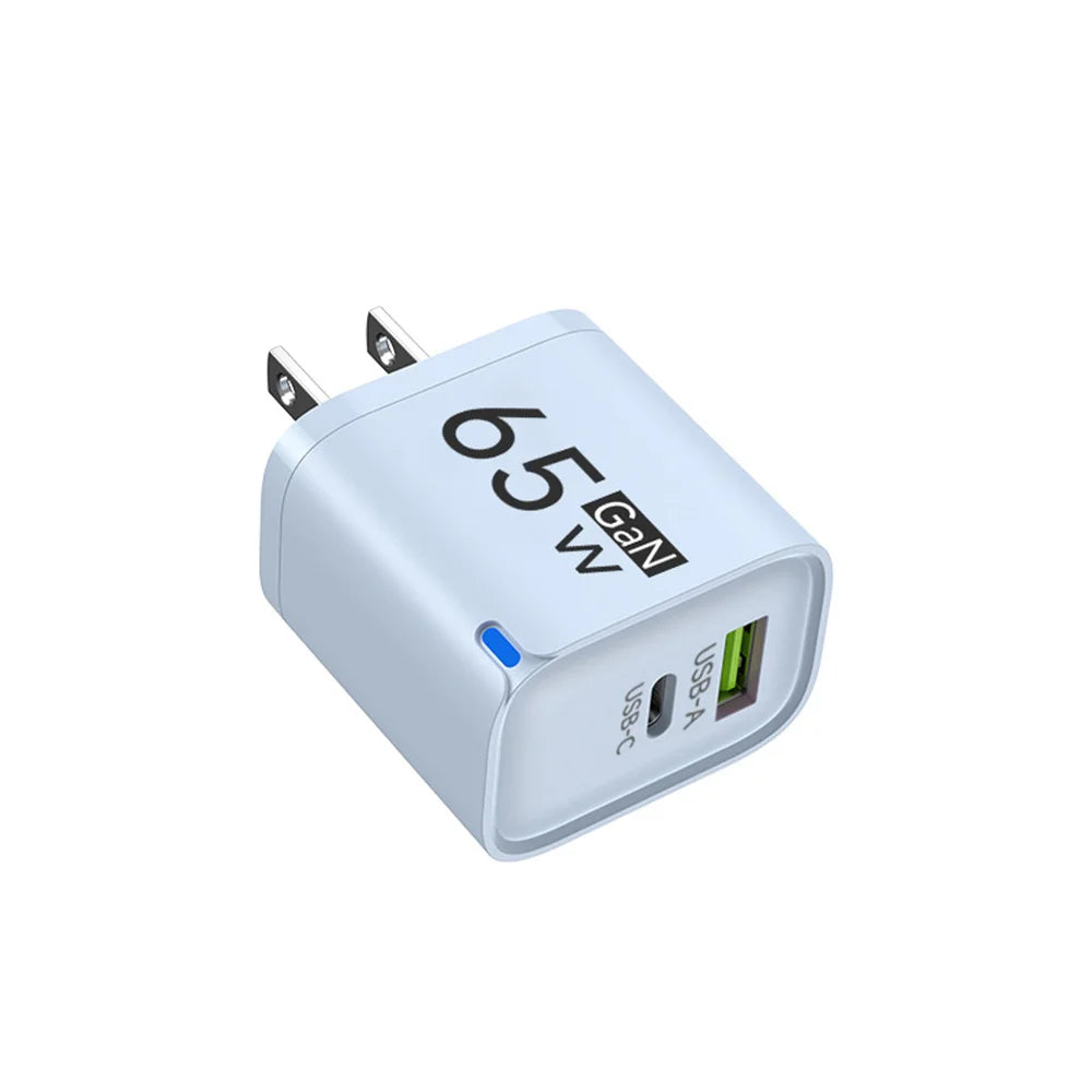 65W GaN USB-C Fast Charger PD QC 3.0 Dual Port Wall Adapter