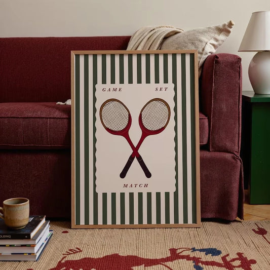 Retro Retro Tennis Racket Wall Art Print Canvas Painting Poster Picture For Living Room,Bedroom Home Decor Peaceful Pleasures Health and Wellness G4676 30x40cm Wood Framed