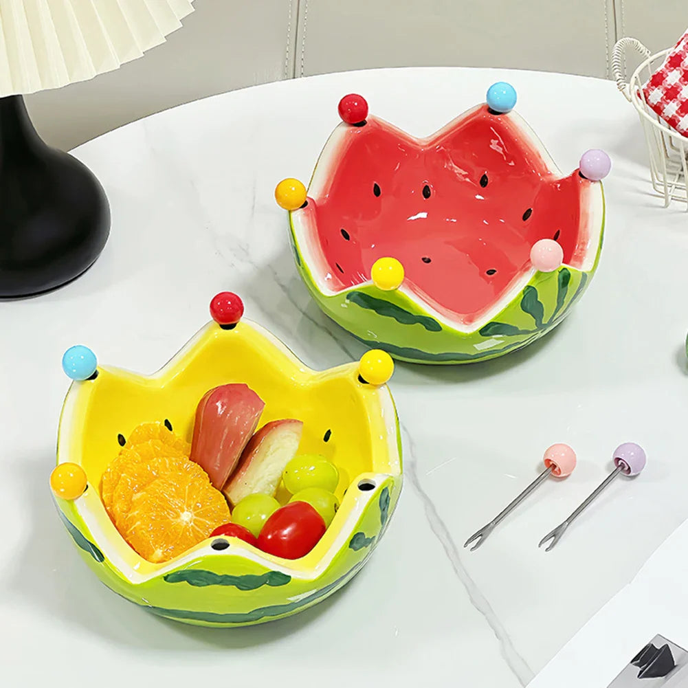Watermelon Ceramic Fruit Bowl with Forks | Large Capacity