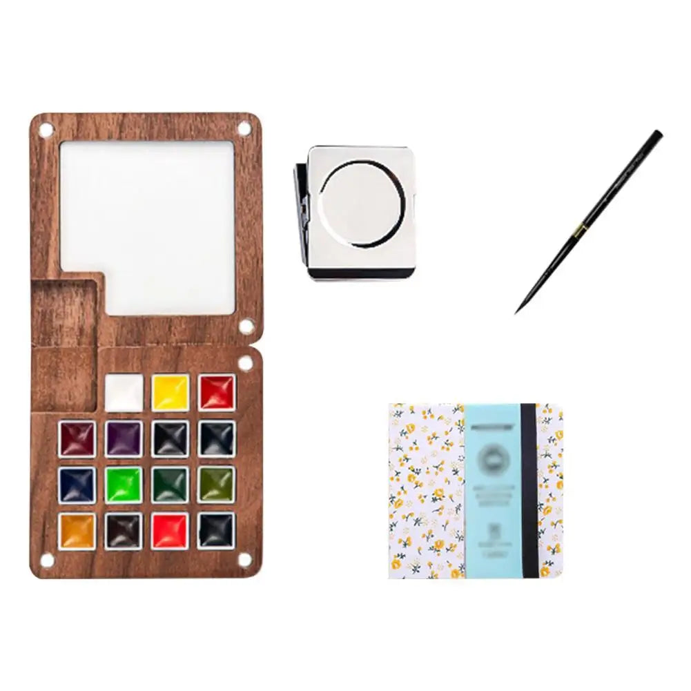 Travel Watercolor Palette Set – Wooden Paintbox & Sketchbook