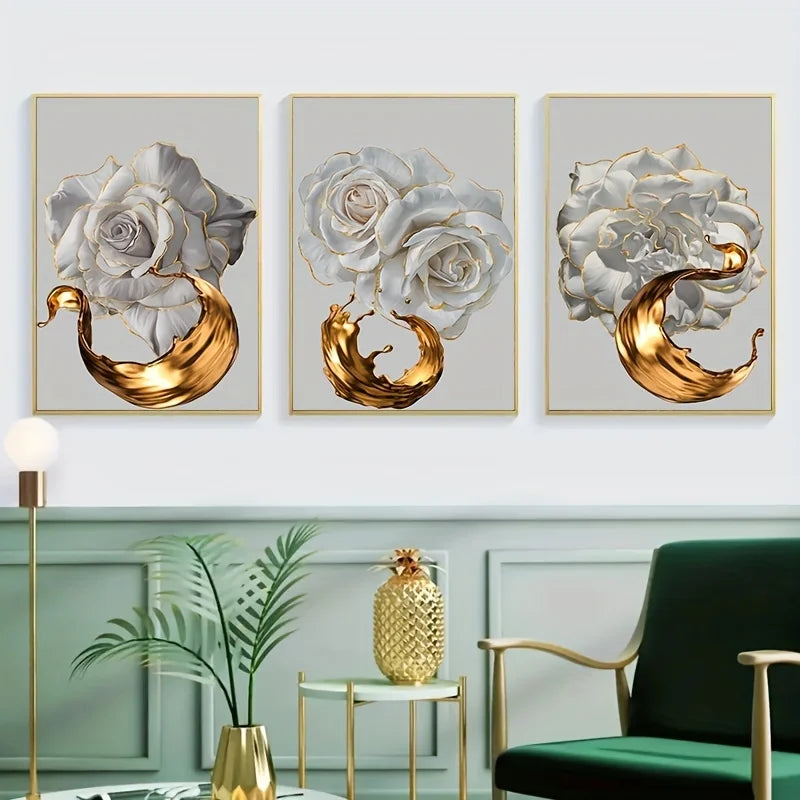 3pcs Frameless White Rose Golden Edge Flower Canvas Art Posters, Abstract Golden Art Painting, Modern Wall Picture Home Decor Peaceful Pleasures Health and Wellness
